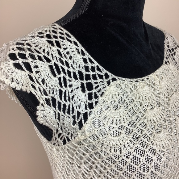 CROCHET HANDKNIT TRENDY IVORY SILK COTTON TOP - Picture 4 of 5